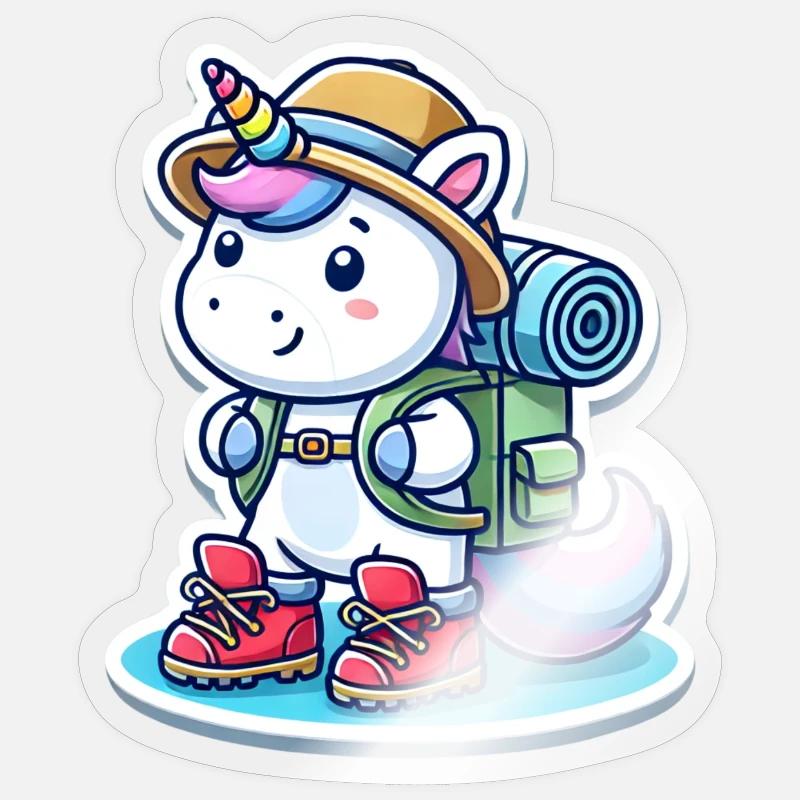 Abenteuer Einhorn mit Rucksack & Wanderschuhen Sticker Größe S (10 x 10 cm)