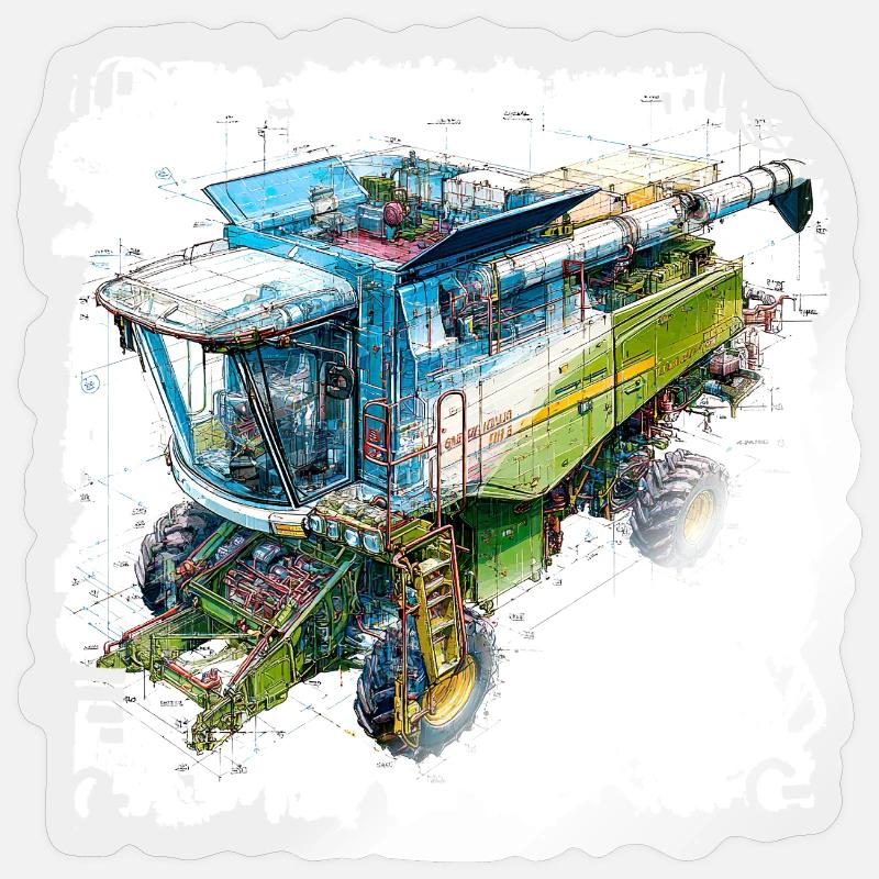Colored Blueprint Threshing Machine, CAD Design Sticker size S (10 x 10 cm)