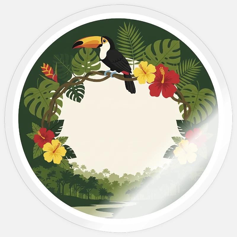 Toucans tropicales et feuillage circulaire - Sticker taille S (10 x 10 cm) - brillant transparent