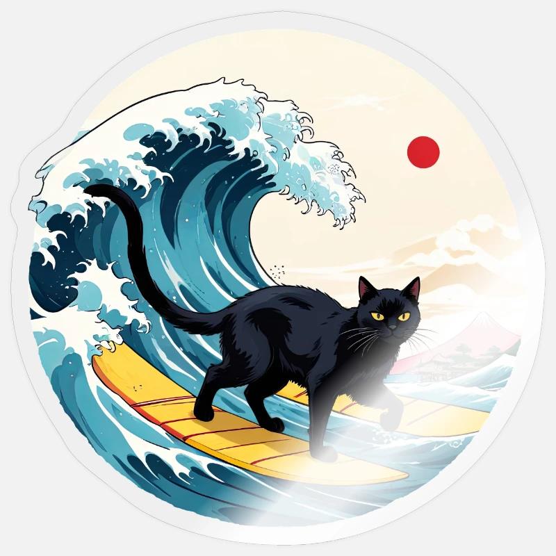Black Cat Surfing Wave - Sticker taille S (10 x 10 cm) - brillant transparent