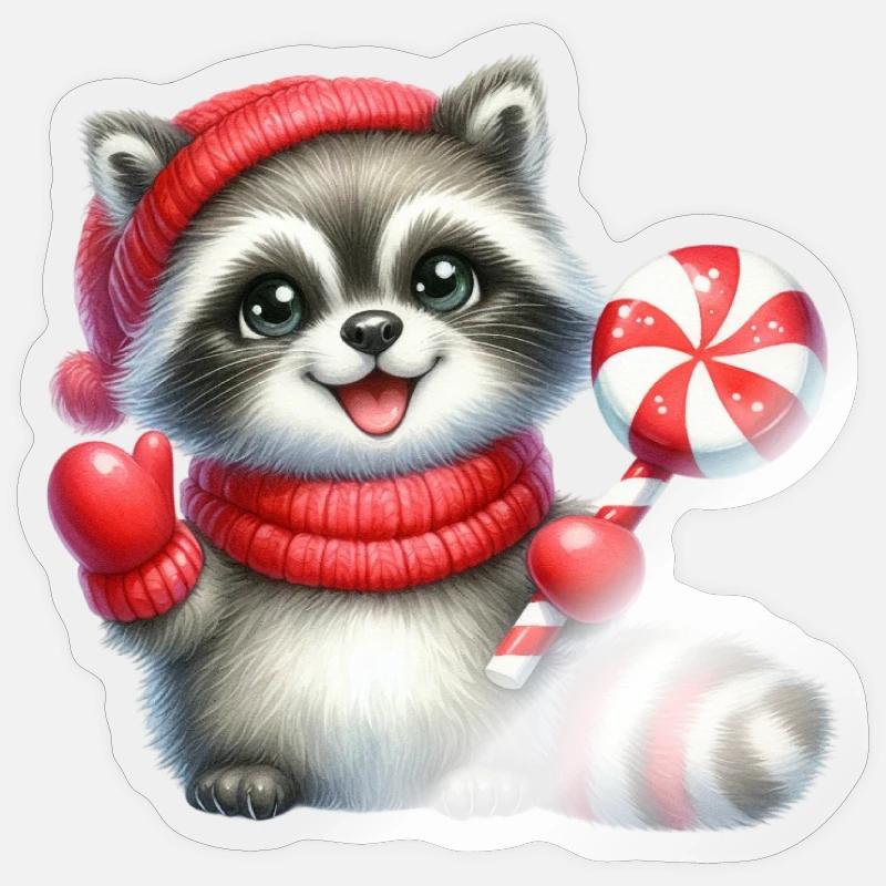 Raton laveur douillet avec canne d’orge d’orge Sticker taille S (10 x 10 cm)