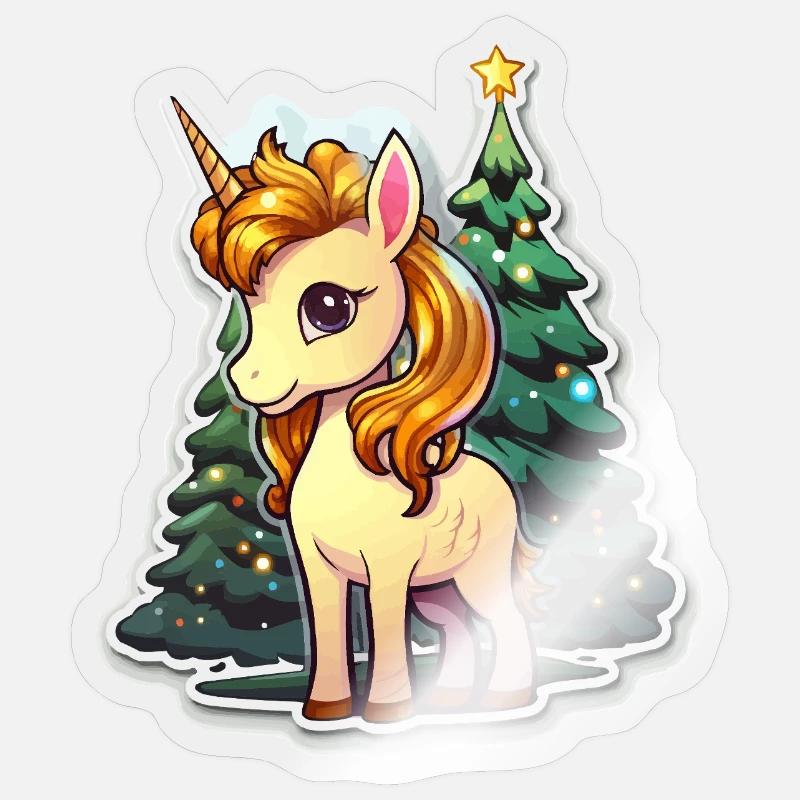 Weihnachts-Einhorn im Lichterwald - Sticker Größe S (10 x 10 cm) - Transparent glänzend