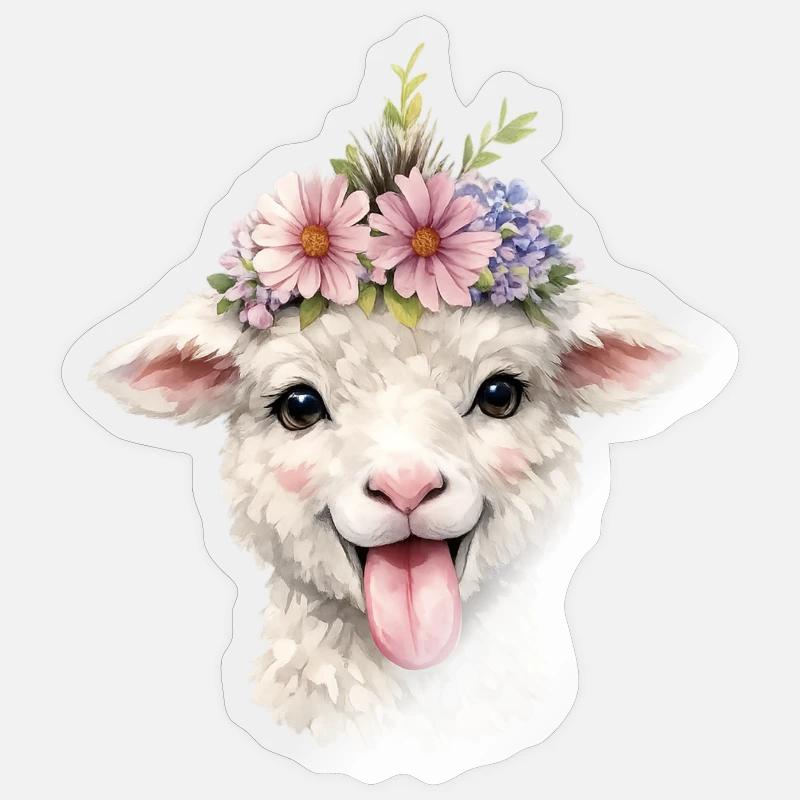 Couronne de fleurs de mouton joyeuse - Sticker taille S (10 x 10 cm) - brillant transparent