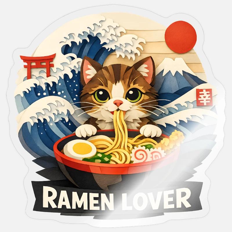 Katze Ramen Anime - Sticker Größe S (10 x 10 cm) - Transparent glänzend