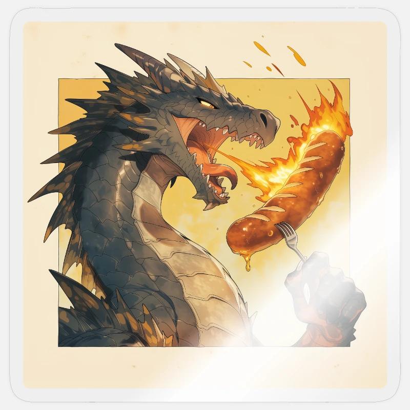 Dragon grille la bratwurst - Sticker taille S (10 x 10 cm) - brillant transparent