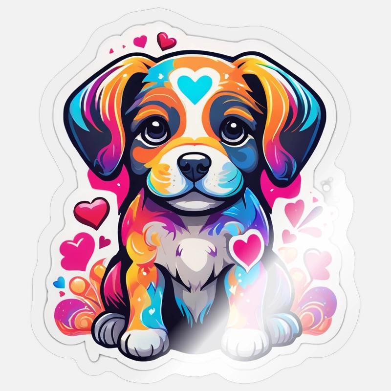 Chiot arc ciel coeur joyeux - Sticker taille S (10 x 10 cm) - brillant transparent