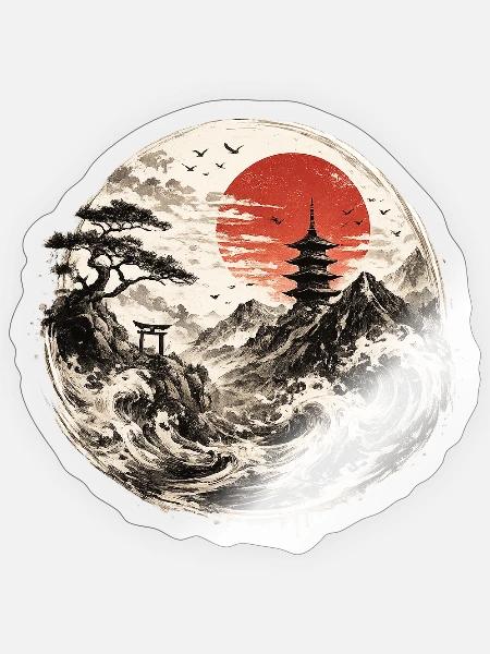 Pagode im Sturmrot am Meer - Sticker Größe S (10 x 10 cm) - Transparent glänzend