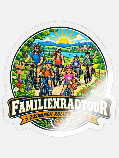 Familienradtour – Zusammen rollt’s besser - Sticker Größe S (10 x 10 cm) - Transparent glänzend