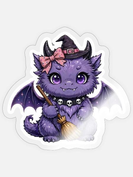 Lila Fledermaushexe mit Besen - Sticker Größe S (10 x 10 cm) - Transparent glänzend