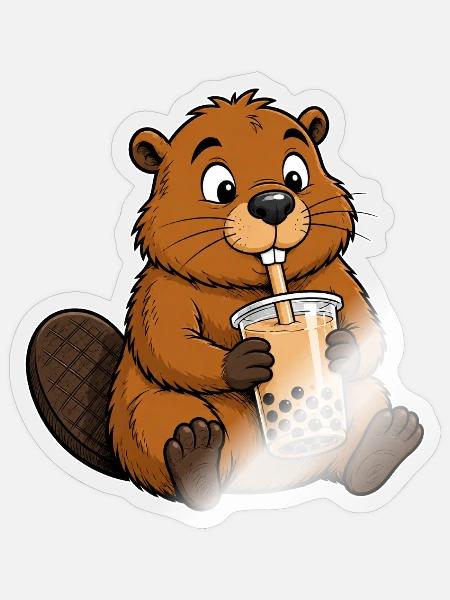Süßer Biber mit Bubble Tea - Sticker Größe S (10 x 10 cm) - Transparent glänzend