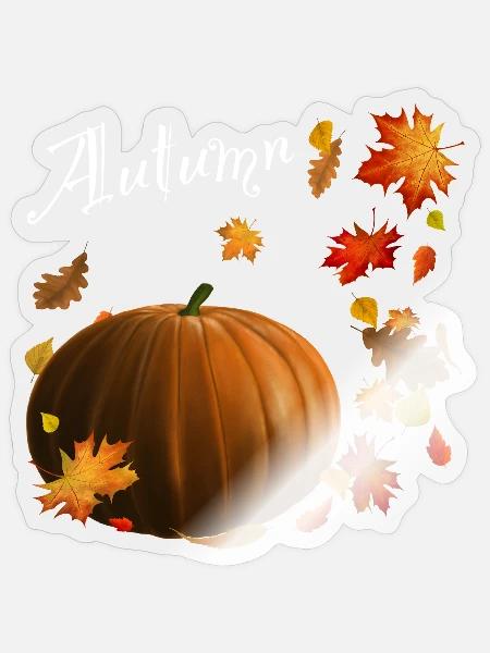 Autumn - Kürbis mit bunten Herbstblättern - Sticker Größe S (10 x 10 cm) - Transparent glänzend