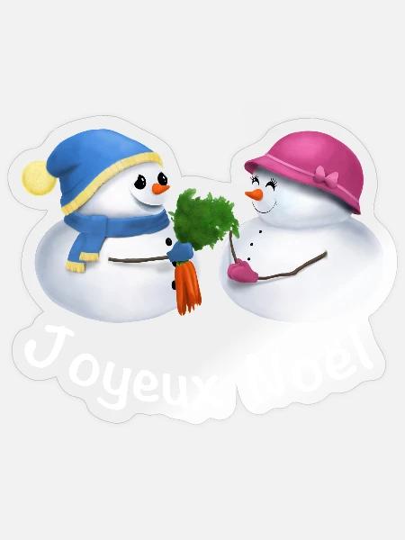 Joyeux Noël Schneemann Paar - Französisch - Sticker Größe S (10 x 10 cm) - Transparent glänzend