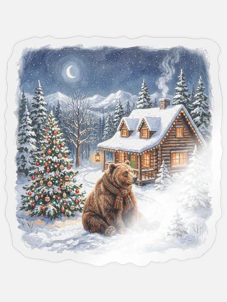 Winterwald Bär am Kamin - Sticker Größe S (10 x 10 cm) - Transparent glänzend