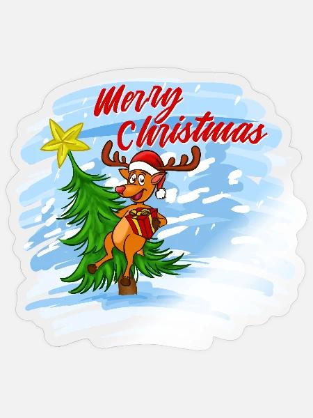 Merry Christmas - Rentier mit Geschenk am Baum - Sticker Größe S (10 x 10 cm) - Transparent glänzend