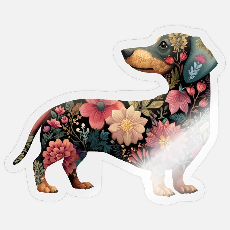 Teckel Teckel Fleurs Florales Sticker taille S (10 x 10 cm)