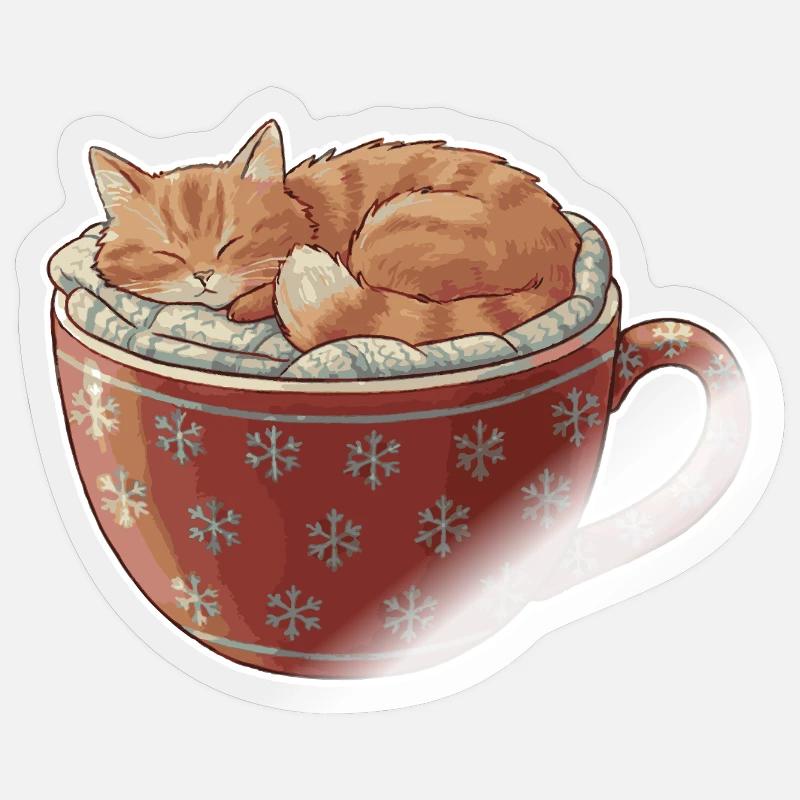 Chat endormi dans une tasse de Noël - Sticker taille S (10 x 10 cm) - brillant transparent