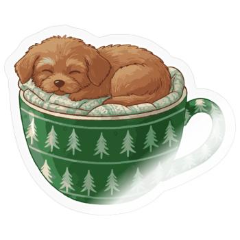 Schlafender Welpe im grünen Becher - Sticker Größe S (10 x 10 cm) - Transparent glänzend - Vorne