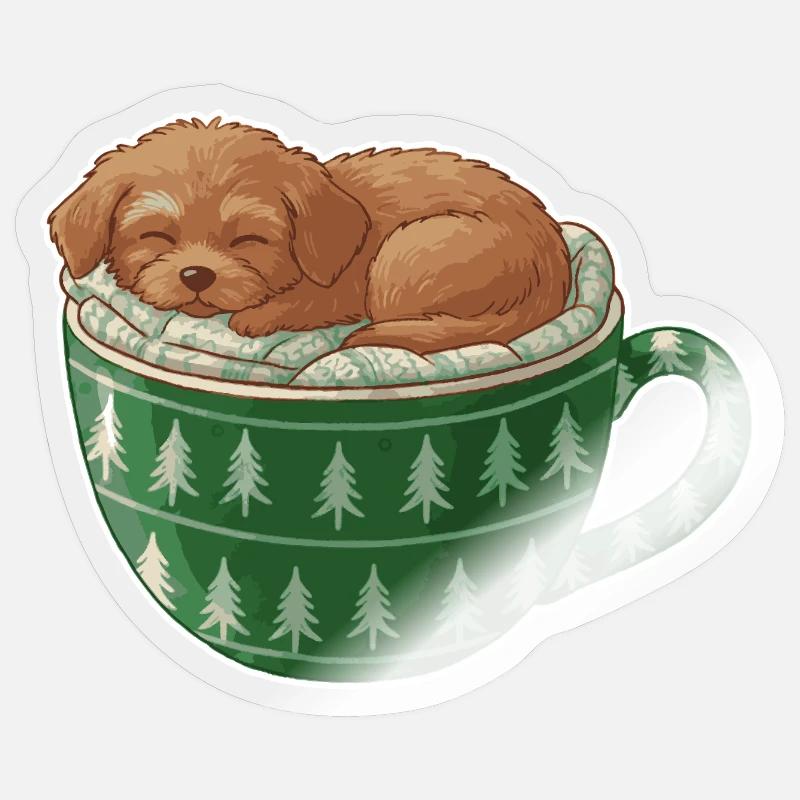 Chiot endormi dans un gobelet vert Sticker taille S (10 x 10 cm)