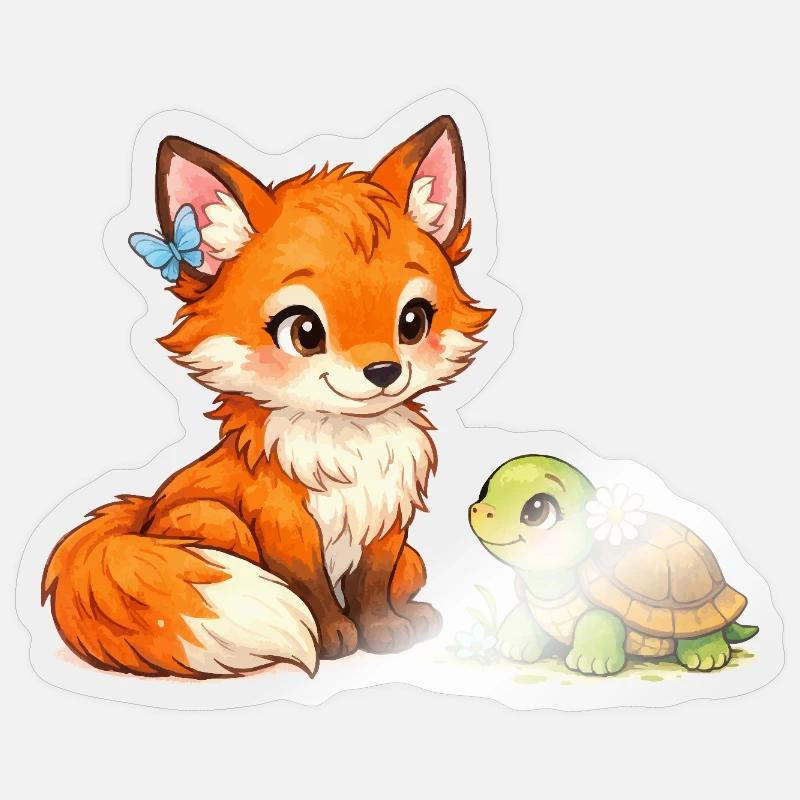 Fuchs und eine niedliche Schildkröte - Sticker Größe S (10 x 10 cm) - Transparent glänzend
