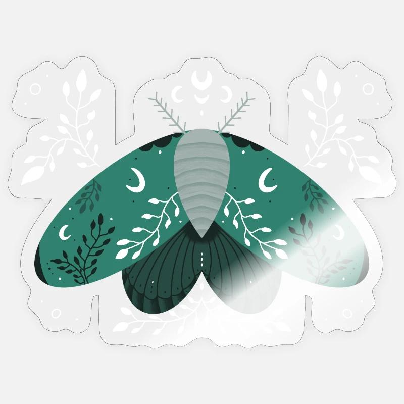 Papillon de nuit vert avec feuillage - Sticker taille S (10 x 10 cm) - brillant transparent
