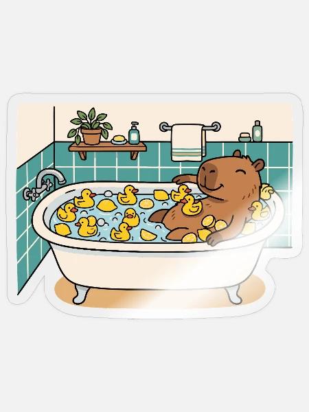 Capybara-Schaumbad mit Quietscheenten und Yuzu - Sticker Größe S (10 x 10 cm) - Transparent glänzend