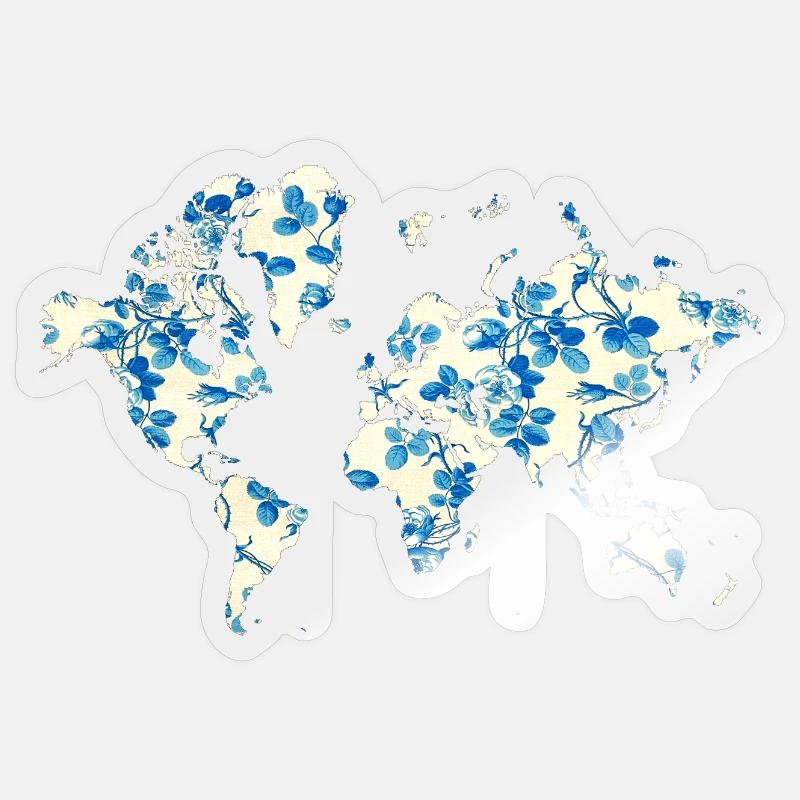 World Map Blue Flowers - Sticker size S (10 x 10 cm) - transparent glossy