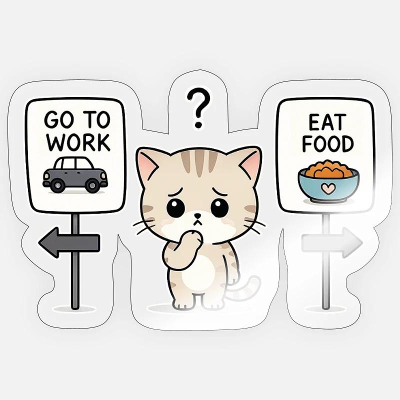 Katzendilemma: Arbeit oder Mahlzeit - Sticker Größe S (10 x 10 cm) - Transparent glänzend