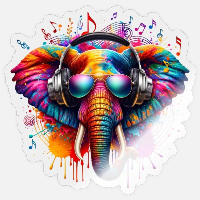 Bunter Elefant mit Kopfhörern - Sticker Größe S (10 x 10 cm) - Transparent glänzend