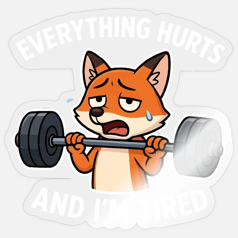 Exhausted Fox Lifting Weights Illustration - Sticker size S (10 x 10 cm) - transparent glossy
