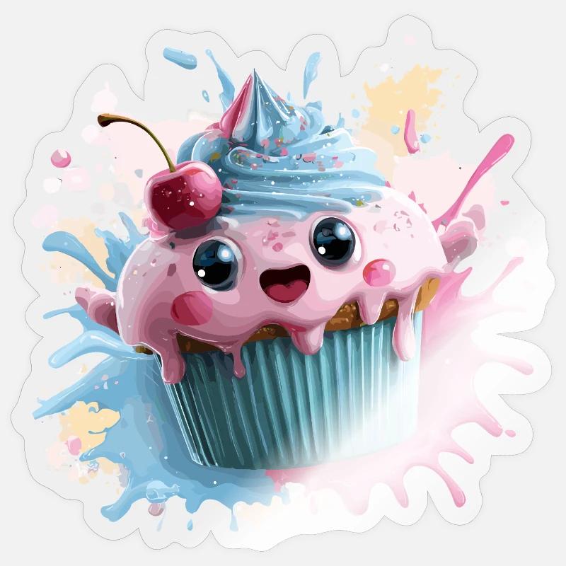 Kawaii Cupcake Splash with Cherry - Sticker size S (10 x 10 cm) - transparent glossy