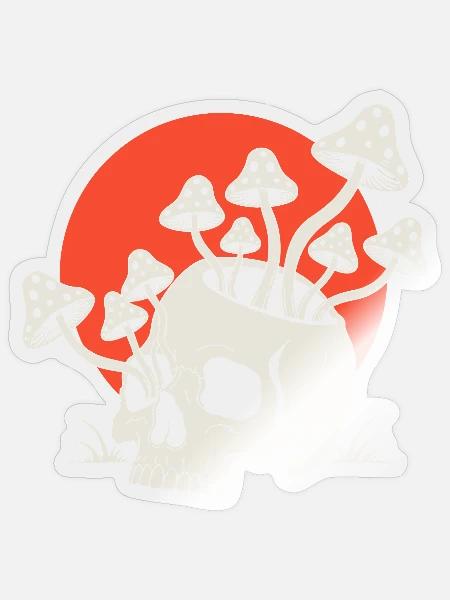 Totenkopf mit Pilzen Rote Sonne - Sticker Größe S (10 x 10 cm) - Transparent glänzend
