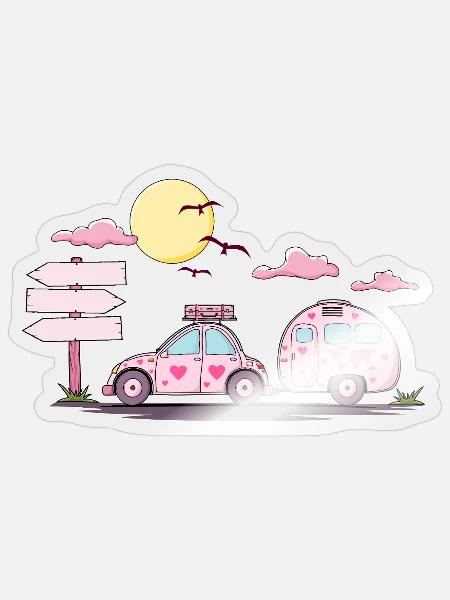 Wohnwagen mit Wunschtext – Rosanes Campingwagen - Sticker Größe S (10 x 10 cm) - Transparent glänzend