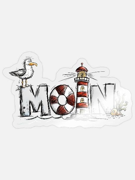 Moin – Möwe Leuchtturm Nordsee Küstenmotiv - Sticker Größe S (10 x 10 cm) - Transparent glänzend