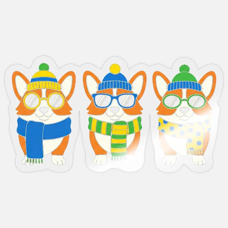 Winter-Corgi-Trio mit Accessoires - Sticker Größe S (10 x 10 cm) - Transparent glänzend