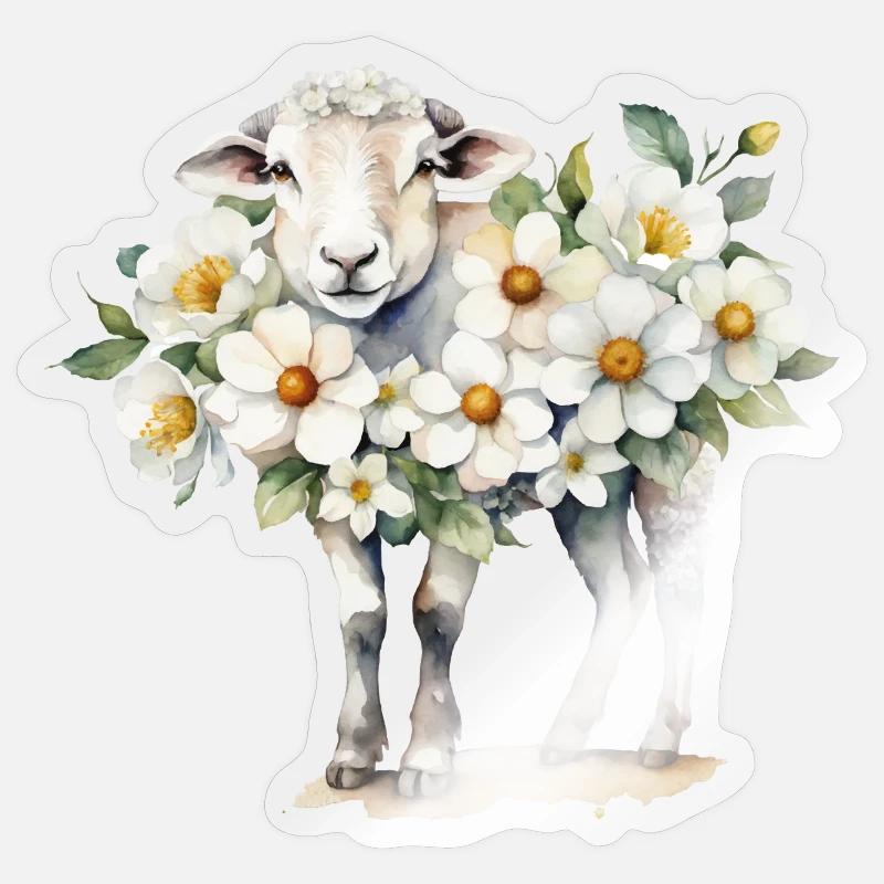 Mouton couvert de fleurs à l’aquarelle Sticker taille S (10 x 10 cm)