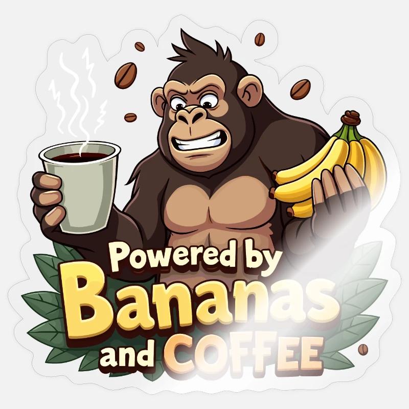 Gorilla Powered by Bananas and Coffee - Sticker Größe S (10 x 10 cm) - Transparent glänzend
