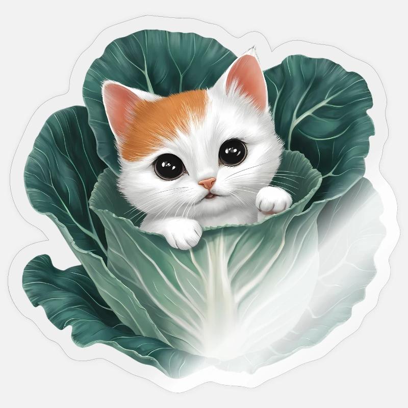 Kitten Peeking from Cabbage Leaf - Sticker size S (10 x 10 cm) - transparent glossy