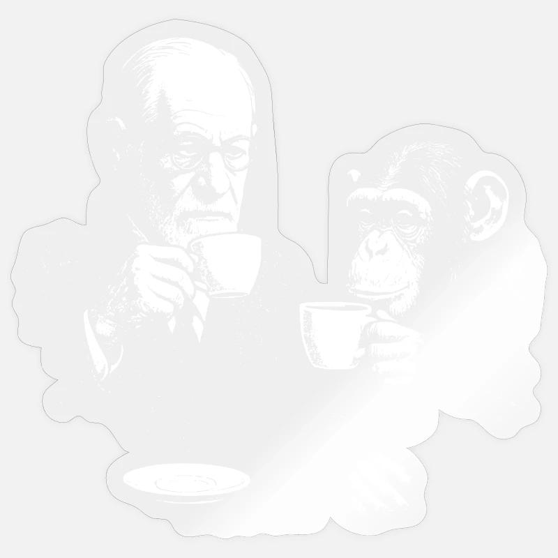 Sigmund Freud buvant du café avec un singe - Sticker taille S (10 x 10 cm) - brillant transparent