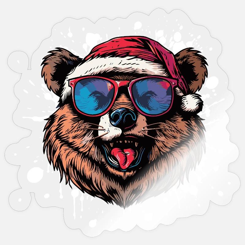 Ours Noël Drôle - Sticker taille S (10 x 10 cm) - brillant transparent