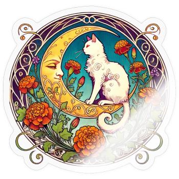 Mondscheinkatze in floralem Bogen - Sticker Größe S (10 x 10 cm) - Transparent glänzend - Vorne