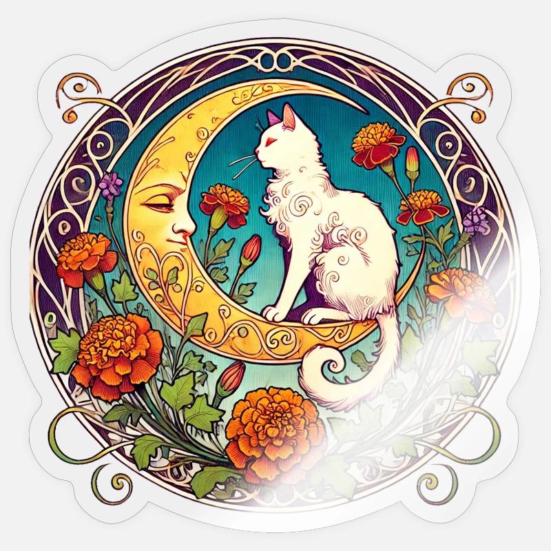 Mondscheinkatze in floralem Bogen - Sticker Größe S (10 x 10 cm) - Transparent glänzend