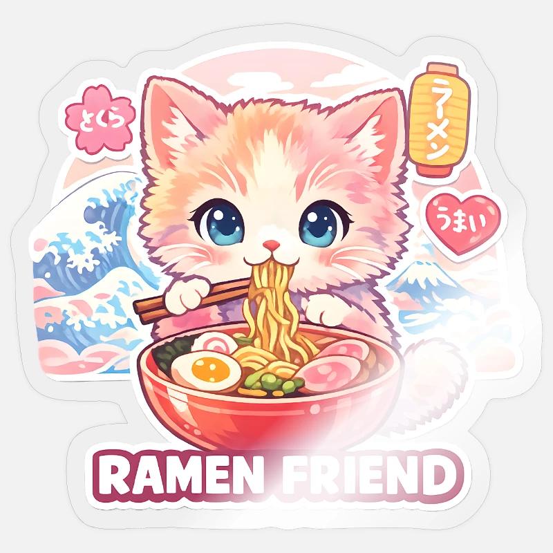 Pastel de Ramen pour chat - Sticker taille S (10 x 10 cm) - brillant transparent
