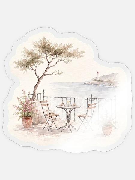 Balkonblick – Bistro über dem Meer - Sticker Größe S (10 x 10 cm) - Transparent glänzend