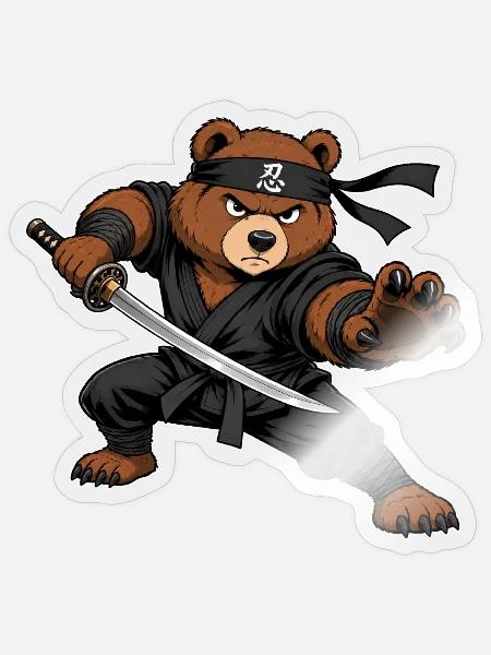 Ninja Bär mit Katana – Samurai Kämpfer - Sticker Größe S (10 x 10 cm) - Transparent glänzend