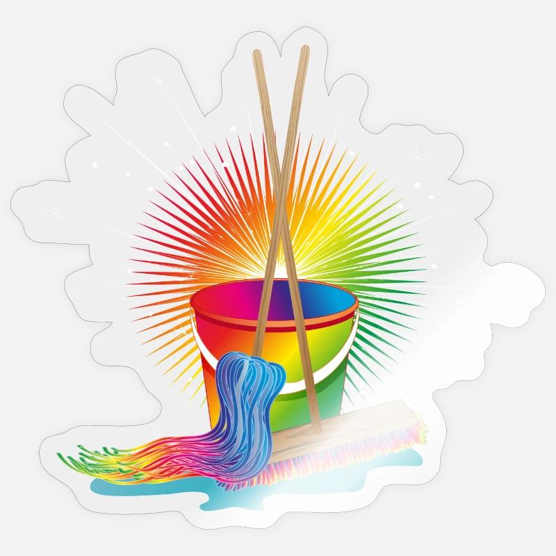 Wischmop,Besen und Eimer in Regenbogenfarben - Sticker Größe S (10 x 10 cm) - Transparent glänzend