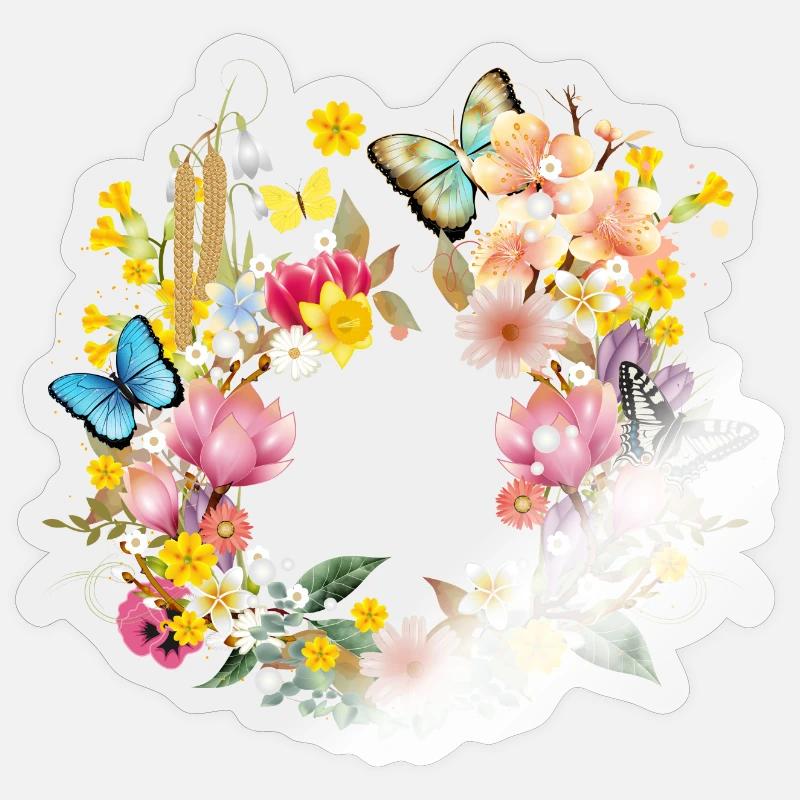 frühlingshafte bunte Blüten & Schmetterlinge - Sticker Größe S (10 x 10 cm) - Transparent glänzend