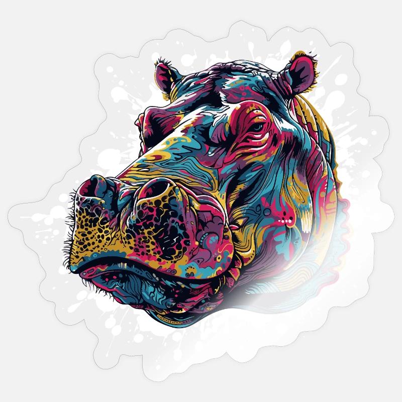 Bunter Hippo Farbspritzer - Sticker Größe S (10 x 10 cm) - Transparent glänzend