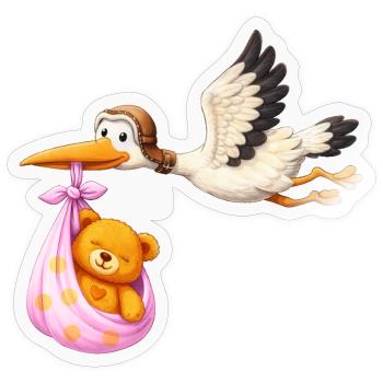 Petite fille cigogne avec cadeau en nounours en tissu - Sticker taille S (10 x 10 cm) - brillant transparent - Devant