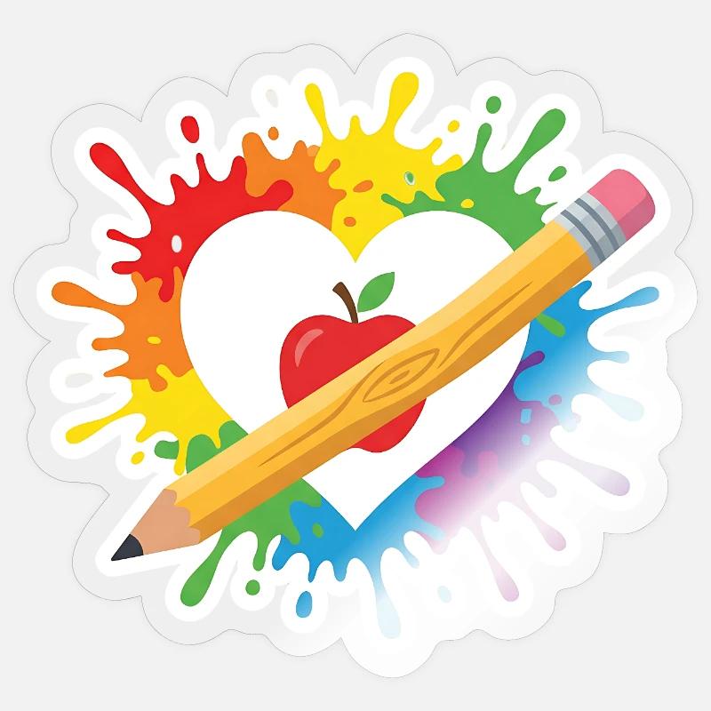 Lehrer Herz Regenbogen Apfel Buntstift Schule Sticker Größe S (10 x 10 cm)