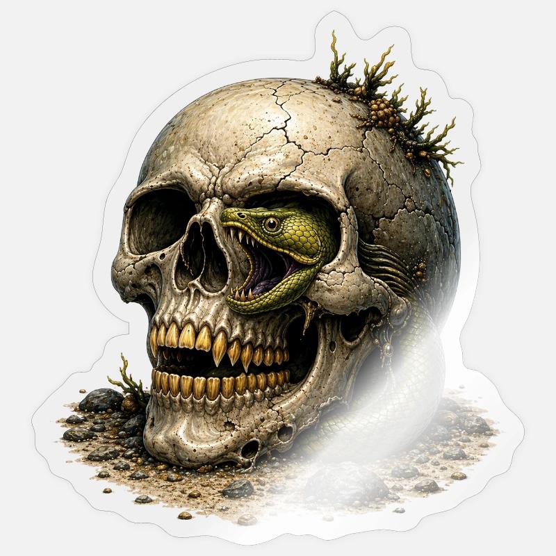 Schädel und Schlange im Sand - Sticker Größe S (10 x 10 cm) - Transparent glänzend